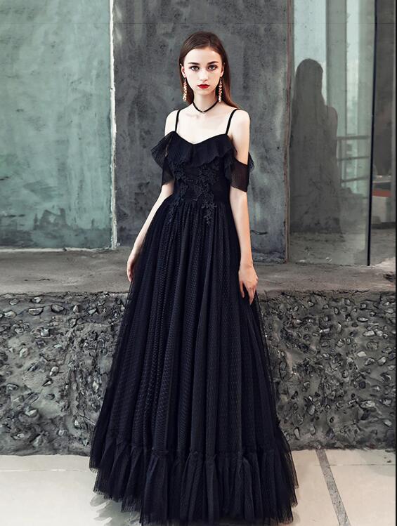 Black Spaghetti Strap Tulle Floor Length Formal Dress, A-Line Black Party Dress with Lace