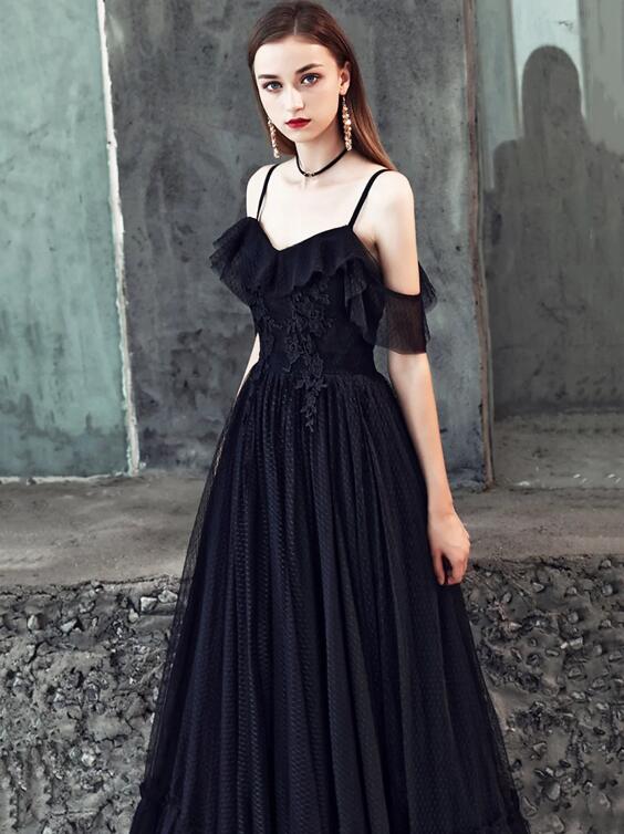 Black Spaghetti Strap Tulle Floor Length Formal Dress, A-Line Black Party Dress with Lace