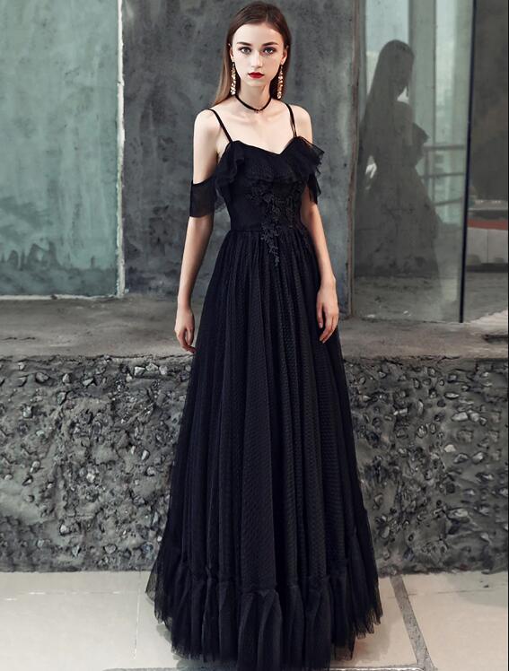 Black Spaghetti Strap Tulle Floor Length Formal Dress, A-Line Black Party Dress with Lace