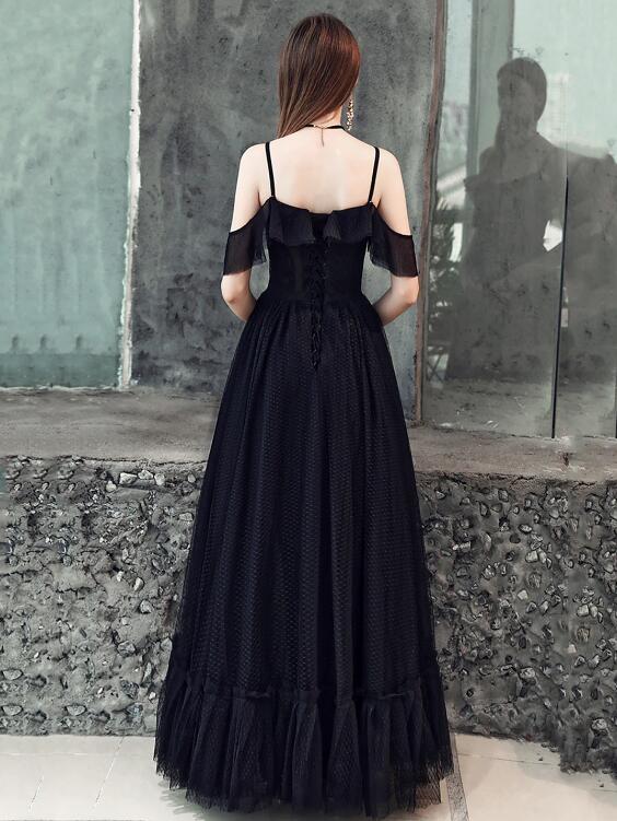 Black Spaghetti Strap Tulle Floor Length Formal Dress, A-Line Black Party Dress with Lace