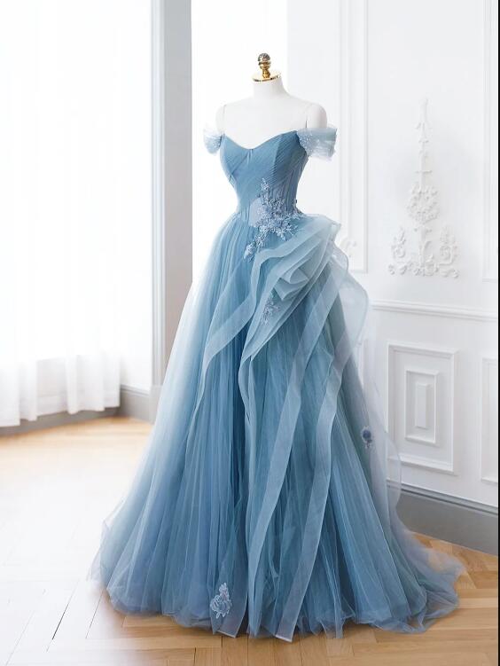 Blue Tulle Lace Long Formal Dress, A-Line Blue Evening Prom Dress