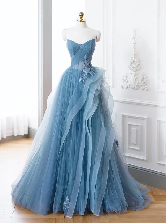 Blue Tulle Lace Long Formal Dress, A-Line Blue Evening Prom Dress