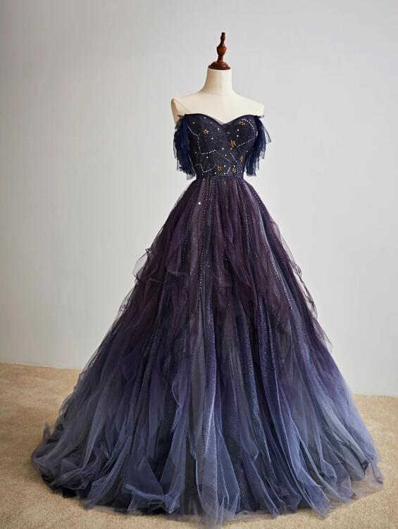 Purple Gradient Tulle Long Prom Dress, Beautiful A-Line Evening Party Dress