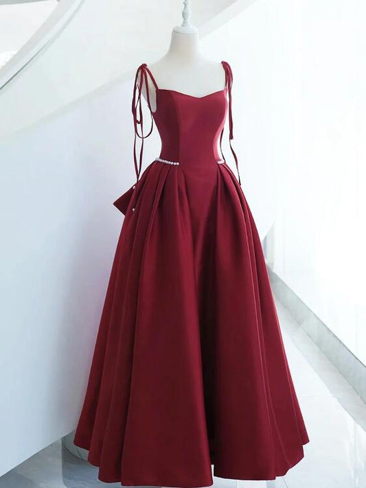 Burgundy Satin Long Prom Dress, A-Line Evening Dress with Bow