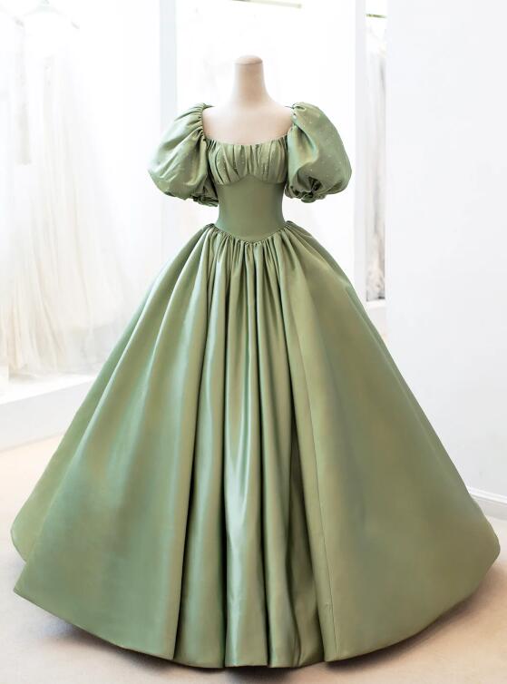 Green Satin Formal Evening Gown with Puff Sleeve, A-Line Long Prom Dress