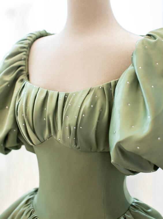 Green Satin Formal Evening Gown with Puff Sleeve, A-Line Long Prom Dress