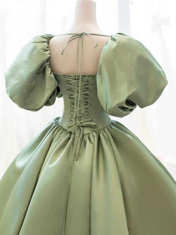 Green Satin Formal Evening Gown with Puff Sleeve, A-Line Long Prom Dress