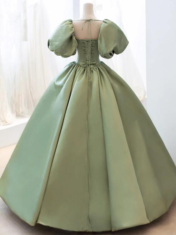 Green Satin Formal Evening Gown with Puff Sleeve, A-Line Long Prom Dress