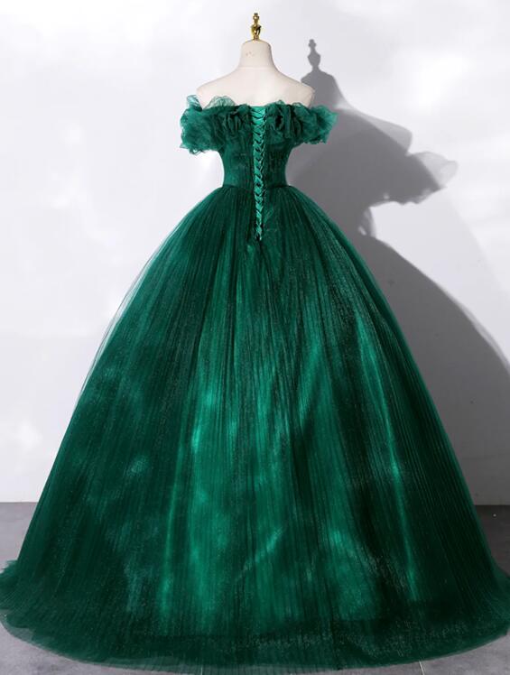 Green Off Shoulder Tulle Formal Dress, A-Line Long Prom Dress