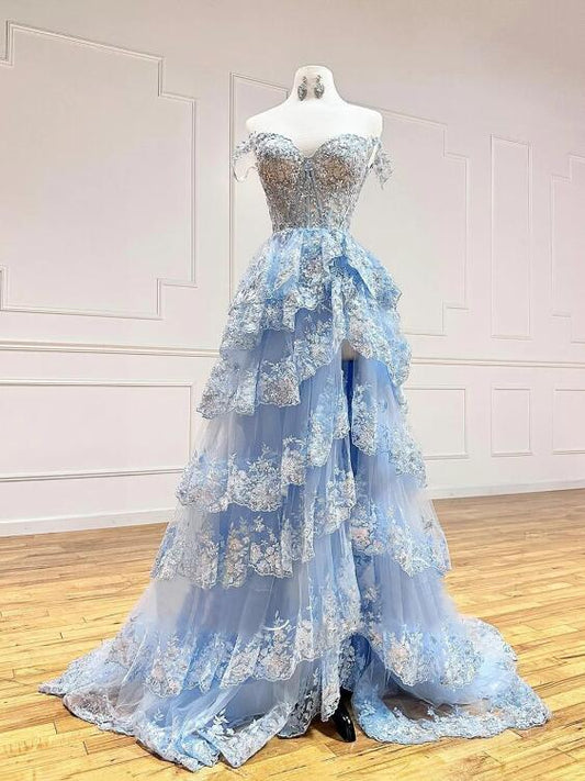 Blue Tulle Sequins Long Prom Dress, Beautiful Off Shoulder Evening Dress