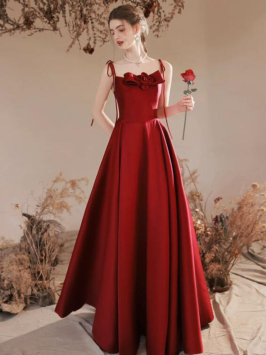 Burgundy Satin Long Prom Dress, Cute A-Line Spaghetti Straps Evening Dress