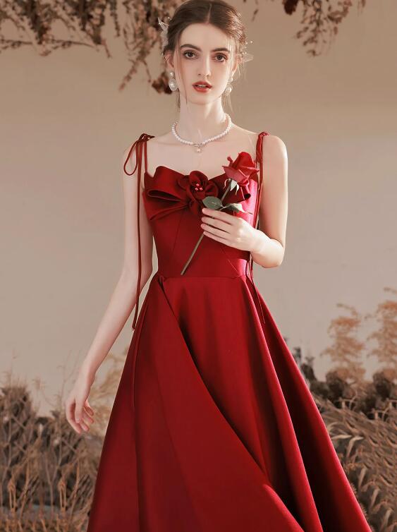 Burgundy Satin Long Prom Dress, Cute A-Line Spaghetti Straps Evening Dress