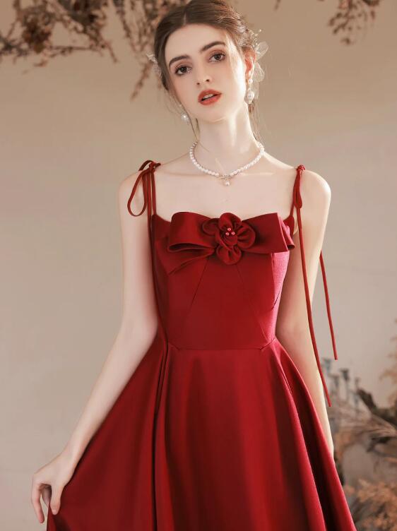 Burgundy Satin Long Prom Dress, Cute A-Line Spaghetti Straps Evening Dress