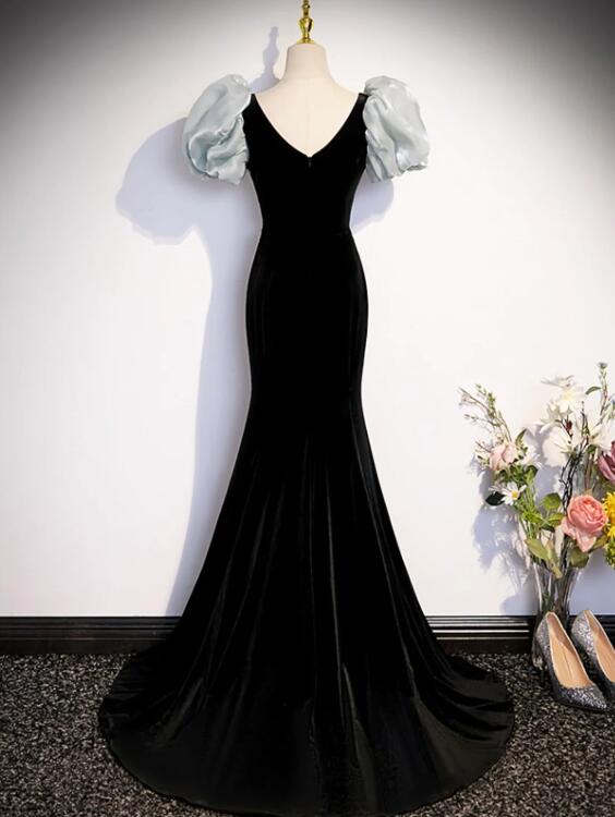 Black Velvet Long Prom Dress, Mermaid Evening Party Dress with Bow