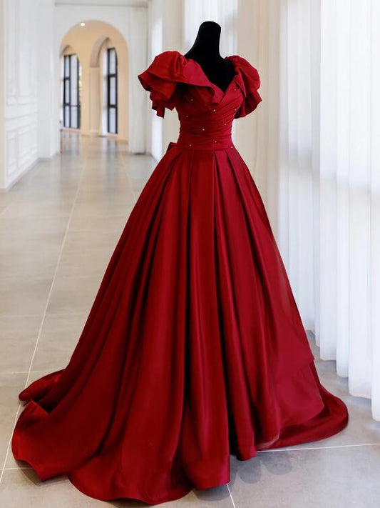 Burgundy Satin Long Prom Dress, A-Line Evening Party Dress