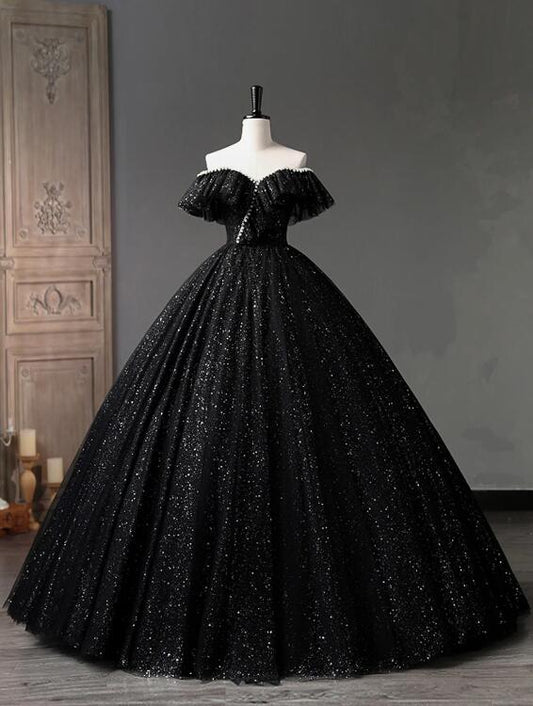 Black Tulle Long A-Line Prom Dress, Shiny Off Shoulder Evening Dress