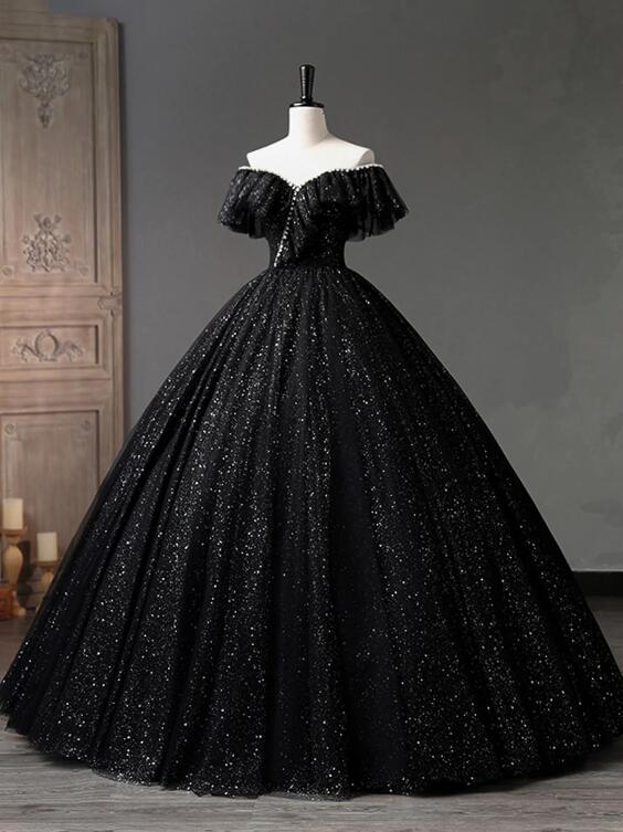 Black Tulle Long A-Line Prom Dress, Shiny Off Shoulder Evening Dress