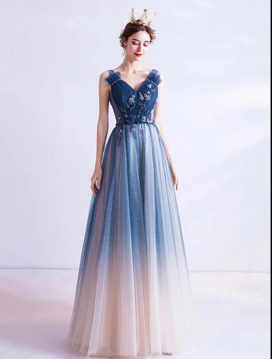 Blue V Neck Gradient Tulle Prom Dress with Beaded, Long A-Line Evening Dress