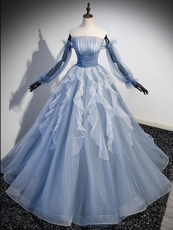 Blue Strapless Tulle Long Prom Dress, Chic A-Line Formal Dress with Long Sleeves