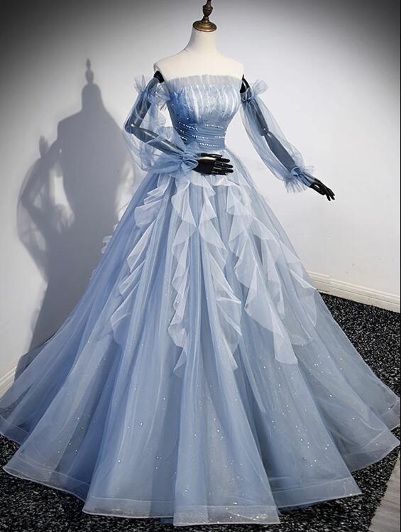 Blue Strapless Tulle Long Prom Dress, Chic A-Line Formal Dress with Long Sleeves