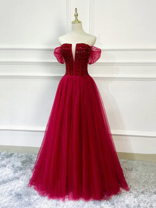 Burgundy Tulle Beaded Long Formal Dress, Off Shoulder Evening Party Dress