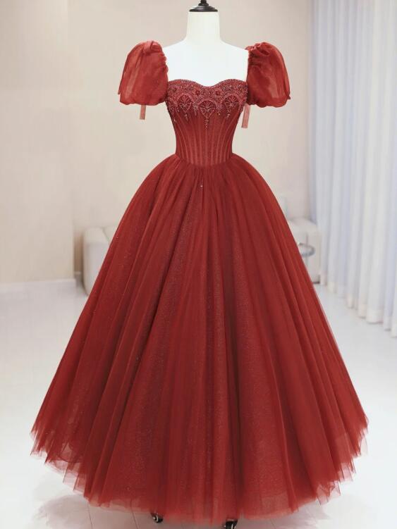 Burgundy Tulle Beaded Long Prom Dress, A-Line Short Sleeve Formal Dress