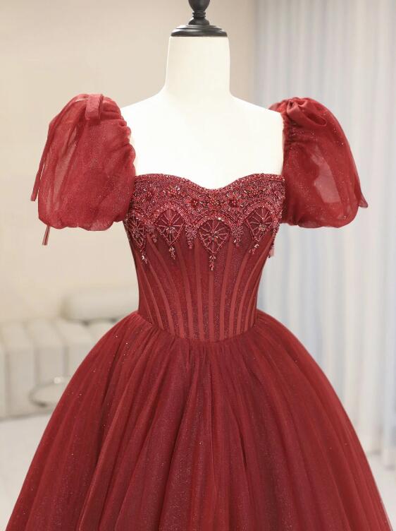 Burgundy Tulle Beaded Long Prom Dress, A-Line Short Sleeve Formal Dress