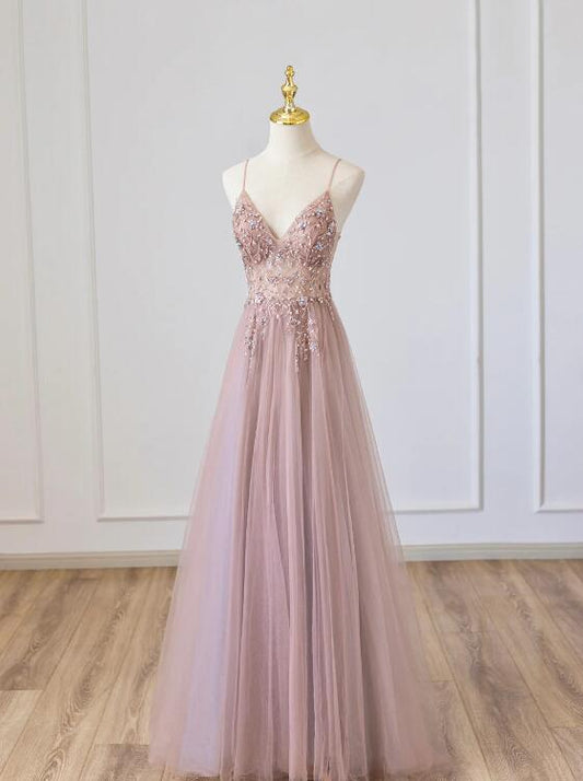 Pink V-Neck Tulle Long Prom Dress with Beaded, Pink Spaghetti Strap Evening Dress