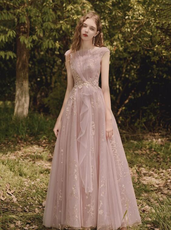 Pink Tulle Lace Long Prom Dress, Beautiful A-Line Evening Party Dress