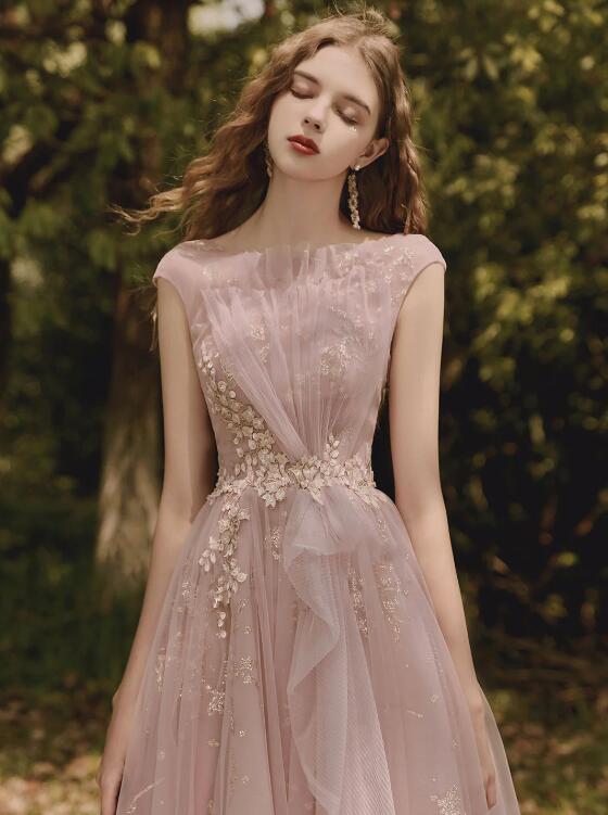 Pink Tulle Lace Long Prom Dress, Beautiful A-Line Evening Party Dress