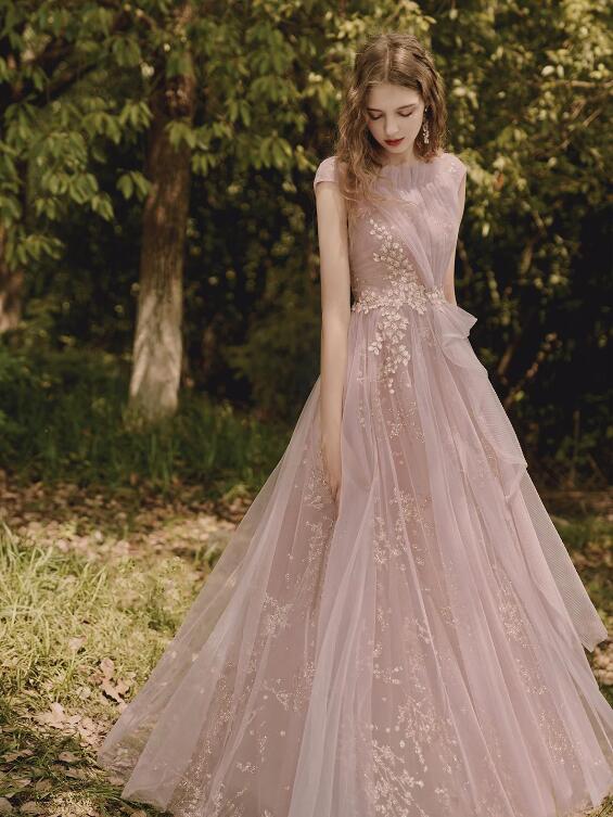 Pink Tulle Lace Long Prom Dress, Beautiful A-Line Evening Party Dress