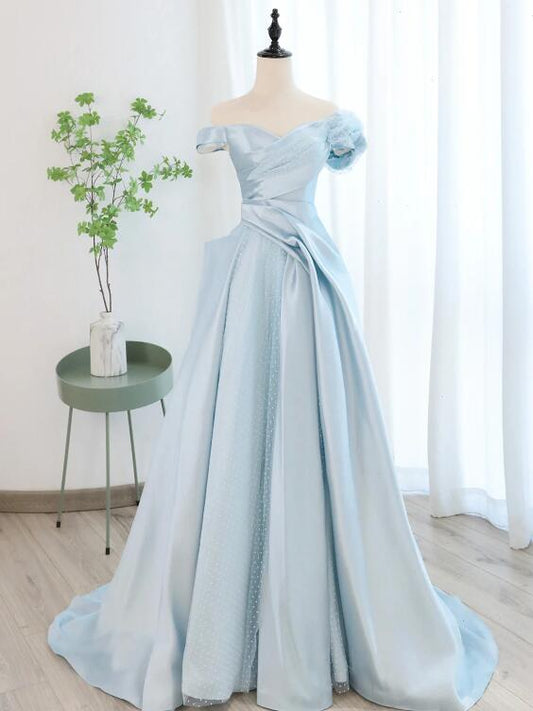 Blue Satin Tulle Long Prom Dress, Off Shoulder Formal Evening Dress