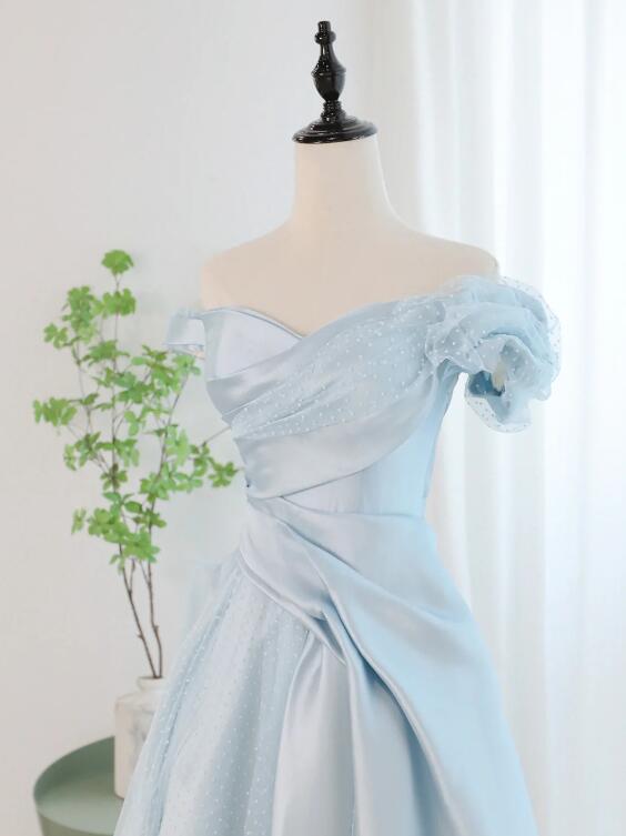 Blue Satin Tulle Long Prom Dress, Off Shoulder Formal Evening Dress