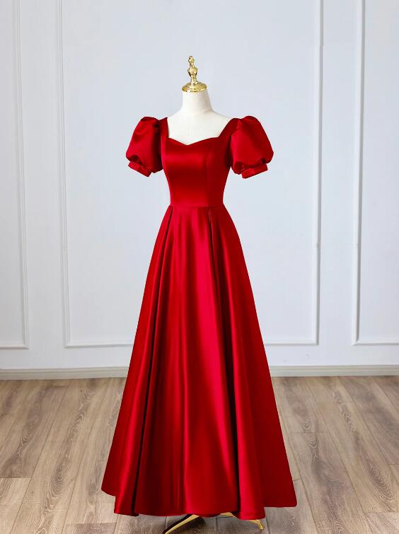 Red Satin Long Prom Dress, Simple A-Line Short Sleeve Evening Party Dress