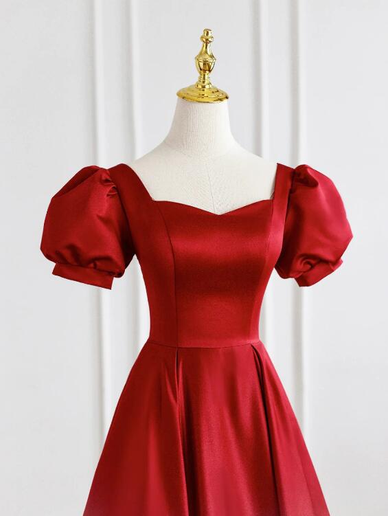 Red Satin Long Prom Dress, Simple A-Line Short Sleeve Evening Party Dress