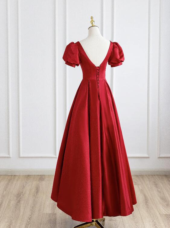 Red Satin Long Prom Dress, Simple A-Line Short Sleeve Evening Party Dress