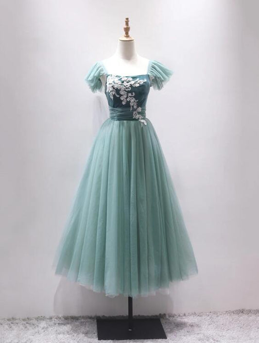 Green Velvet Tulle Tea Length Prom Dress, Cute A-Line Party Dress with Lace