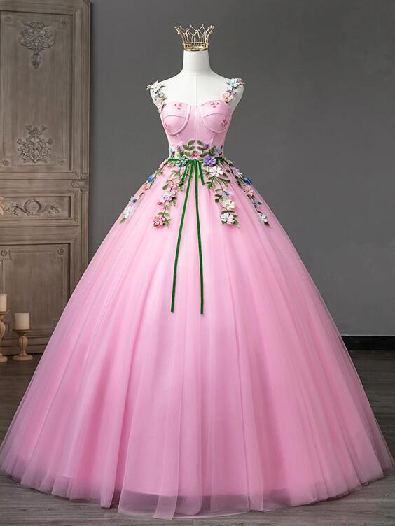 Pink Tulle Flower Long Prom Dresses, Lovely Spaghetti Formal Dresses Sweet 16 Dresses