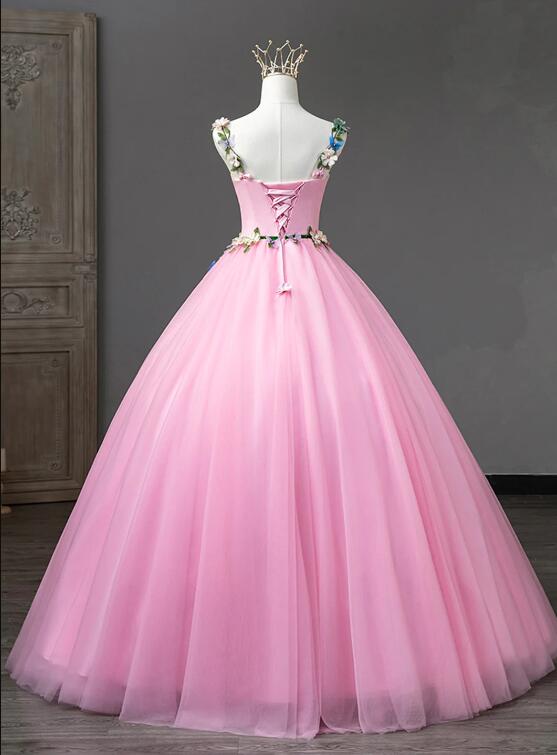 Pink Tulle Flower Long Prom Dresses, Lovely Spaghetti Formal Dresses Sweet 16 Dresses