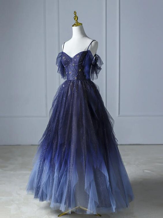 Blue Gradient Tulle Long Prom Dress, Beautiful Spaghetti Strap Evening Party Dress