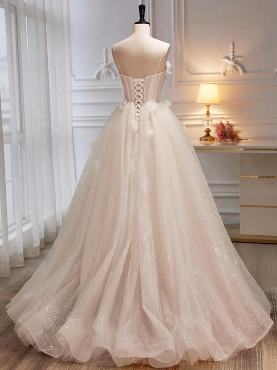 Spaghetti Strap Tulle Champagne Long Prom Dress, Champagne Evening Party Dress