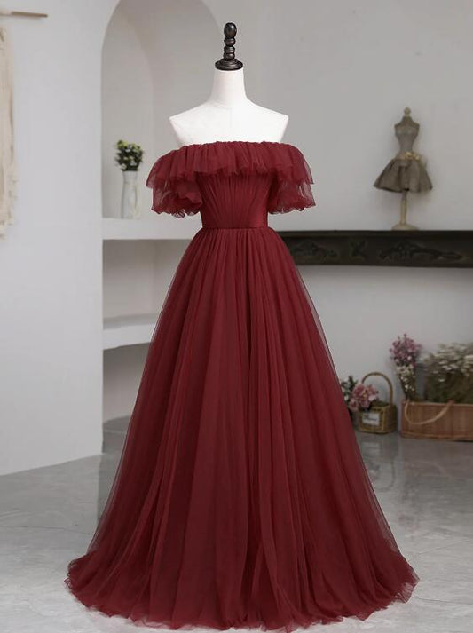 Burgundy Tulle Floor Length Prom Dress, Simple A-Line Evening Party Dress