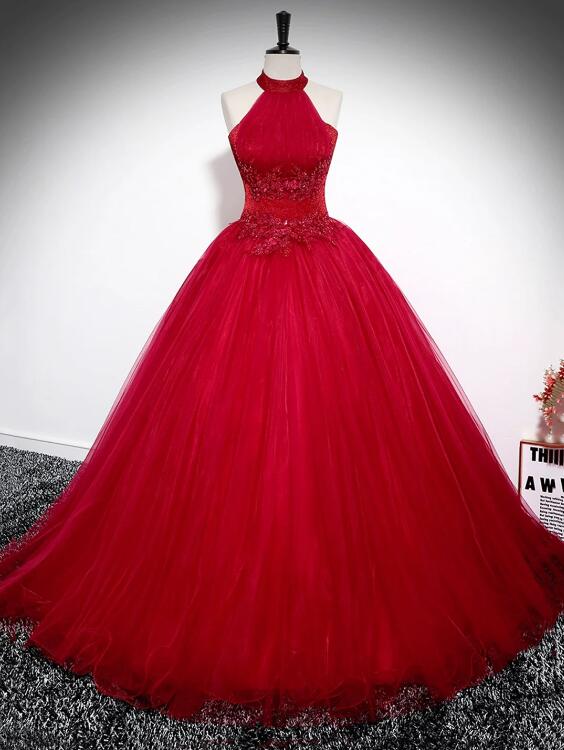 Red A-Line Halter Long Prom Dress, Red Backless Evening Formal Dress