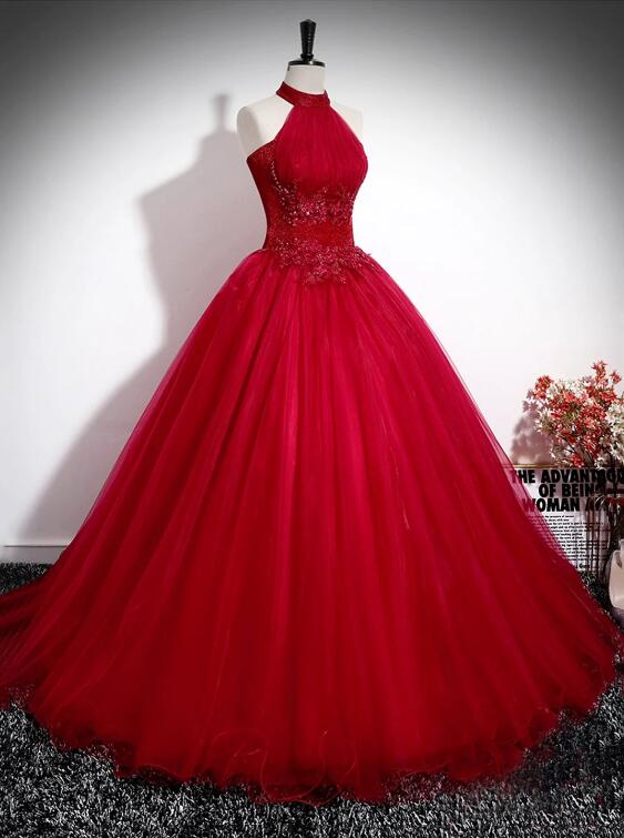 Red A-Line Halter Long Prom Dress, Red Backless Evening Formal Dress