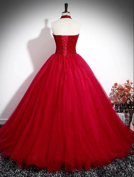 Red A-Line Halter Long Prom Dress, Red Backless Evening Formal Dress