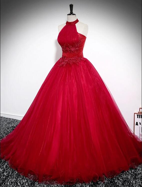 Red A-Line Halter Long Prom Dress, Red Backless Evening Formal Dress