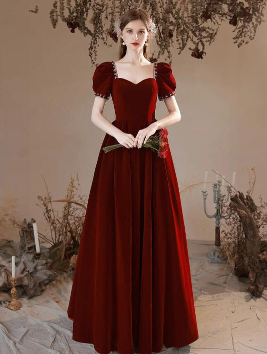 Burgundy Velvet Floor Length Prom Dress, Burgundy Short Sleeve Formal Dress