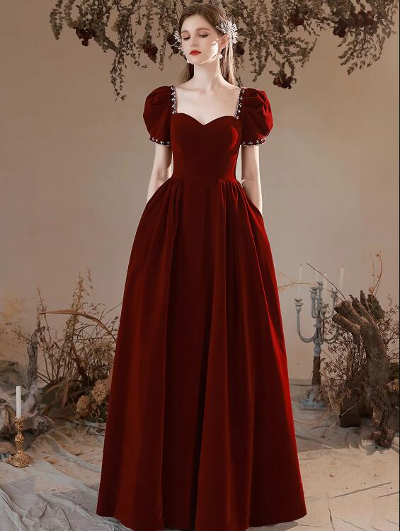 Burgundy Velvet Floor Length Prom Dress, Burgundy Short Sleeve Formal Dress