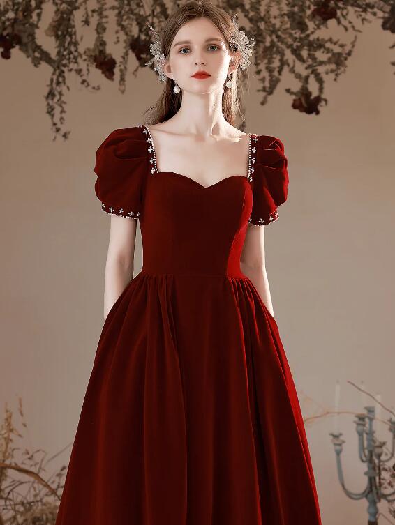 Burgundy Velvet Floor Length Prom Dress, Burgundy Short Sleeve Formal Dress