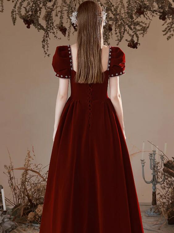 Burgundy Velvet Floor Length Prom Dress, Burgundy Short Sleeve Formal Dress